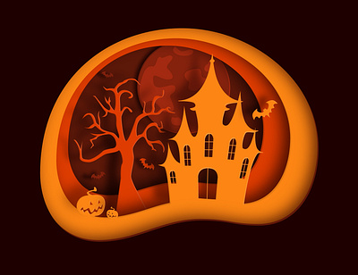 Halloween card castle design halloween illustration illustrator moon paper cut papercut pumpkin vector web