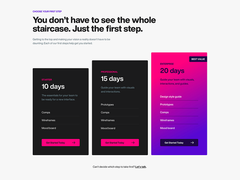Tier Packages actions clean colorful desktop gradient lists minimal options packages pink pricing table purple section simple tiers