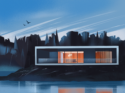 Cozy Isolation Illustration architecture blue design design studio digital art digital illustration digital painting forest graphic design house illustration illustration art illustrator isolation lake loneliness nature night procreate woods