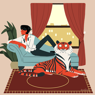 Tiger Lounge couch digital art houseplant illustration lounge photoshop plant tiger window