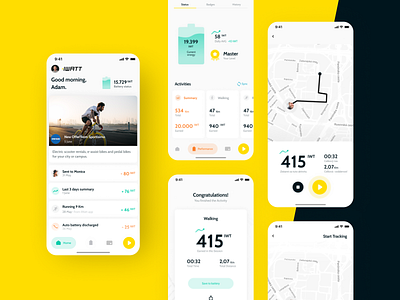 iWatt is a mobile app where users transform their physical activ development iwatt mobile mobile design mobile ui qusion run sport tracker ui ux yellow