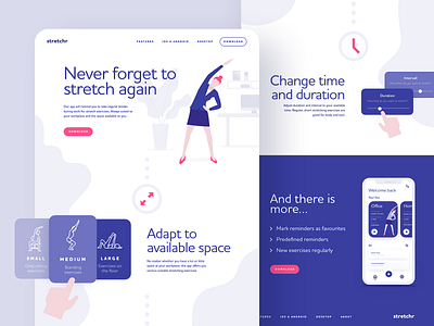 Stretch break reminder tool - landing page app blue clean illustration landing page mobile pink purple red tool ui ux website