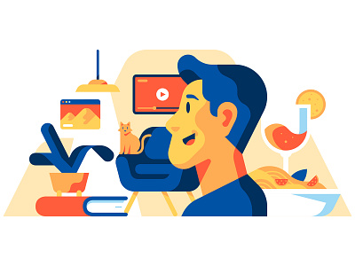 Quartz Homepage - Good night cat cocktail dinner editorial flat geometric goodnight header homepage illustration magazine movie netflix