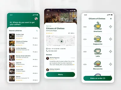 Coffee app app coffee concept design map mobile ordering rating redesign ui