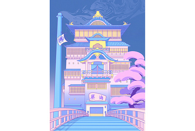 The Bath House 80s aesthetic anime blue ghibli illustration japan japanese japanese art lavender nostalgia pastel pink sailormoon spirited away ukiyo e vaporwave