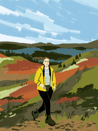 Dana in Scotland art camping color drawing environment fashion girl hand hiking illustration leah schmidt leahschm leahschmidt line nature outdoors scotland walk walking yellow