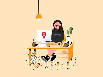 WFH: Working, Chips, and Boba cute digital painting editorial flat design freelancing gamer gaming girlboss girlgamer grinding homeoffice illustrations illustrator wfh workfromhome working worldofwarcraft wow