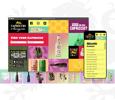 Capriccio Hunt - Store locator v2 alcohol animation cms colors content management system finder flavors fruits fruity glitch grid grid layout landing page list locator sangria states ui video website