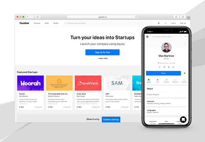 Gusher Startup Platform Front and Profile Page about android app design brand design branding cta gusher ios logo logos mobile design navigation product design profile responsive design startup startup logo startups tabs web design