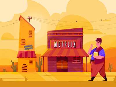 Western Town I affinity designer beautiful blockbuster boy character film illustration landscape man movie netflix orange people sunset town uran walk western