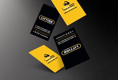 Lifting Nerdy Business Card Design apparel logo bicep black branding business card design fitness game controller icon illustration level up nerd stationery vector video game word mark yellow yellow logo