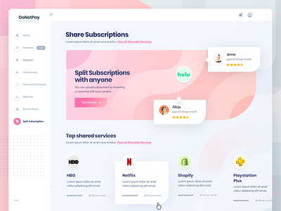 DoNotPay Share Subscriptions Homepage for Web donotpay hulu netflix orange pink split subscribe subscriptions