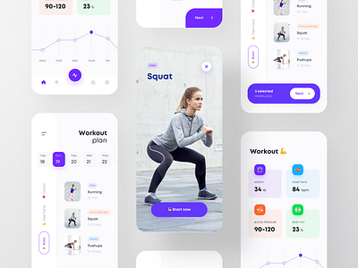 Workout app for women blood pressure card app card view fitness fitness app flat ui get started graph ios app list view onboarding splash screen squat stat weight loss workout workout app workout stat