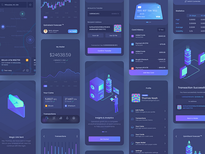 Qoinstack - Crypto Wallet Mobile App Design app bitcoin blockchain crypto crypto currency crypto wallet cryptocurrency dark dark ui ethereum finance fintech gradient illustraion ios isometric mobile money night mode payment