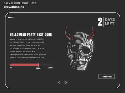 Daily UI Challenge 032 — Crowdfunding adobexd clean crowdfunding daily 100 challenge daily ui daily ui 032 dailyui dark halloween halloween party madewithadobexd minimal neon skull uidesign webdesign