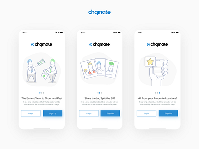 Chqmate On Boarding Screens app blue clean concept illustration minimal new user on boarding registration simple ui