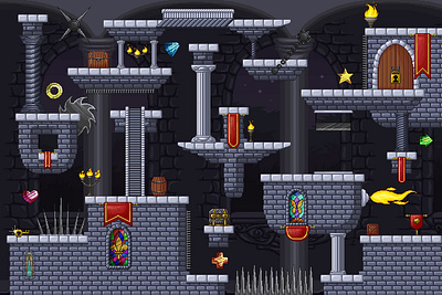 Castle Game Tileset Pixel Art 2d backgrounds fantasy game game assets gamedev indie game platformer tileset