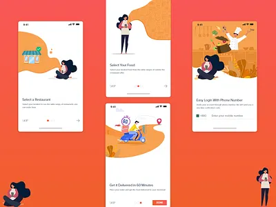 HungryNaki app On boarding Screens app design branding clean design design food app illustration orange typography ui ux