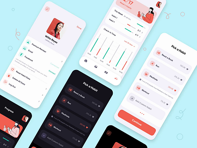 🌑 ☀️ Habits Tracking App • Light / Dark Mode animation app charts clean dark mode dark ui dashboard ios light mode mobile modern motion motion design product design profile progress settings tracking ui ux