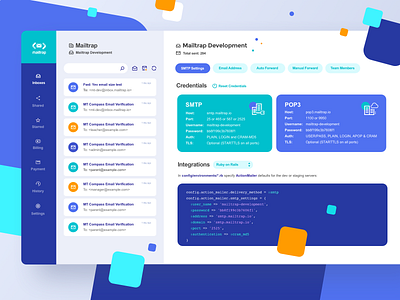Mailtrap Inboxes SMTP Settings Page clean concept dashboard design email flat graphic icon inbox interface logo navigation server simple ui vector vivid