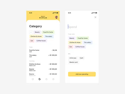 Money tracker app category ios mobile ui ux yelow