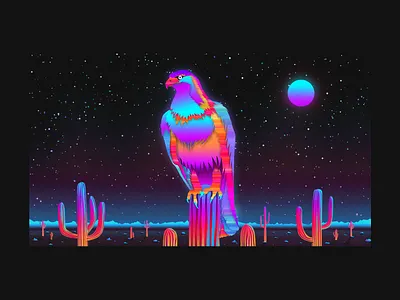 Vaporwave Desert Road 80s cactus desert design eagle illustration montains moon motel neon neon colors neon light photoshop retrowave road vaporwave