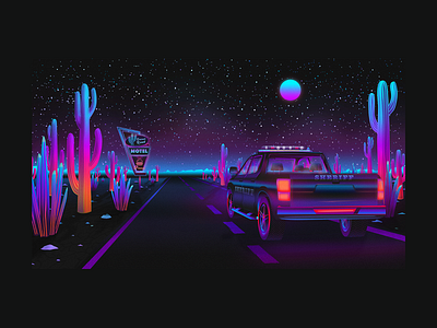 Vaporwave Desert Road 80s cactus desert design eagle illustration montains moon motel neon neon colors neon light night photoshop retrowave road vaporwave