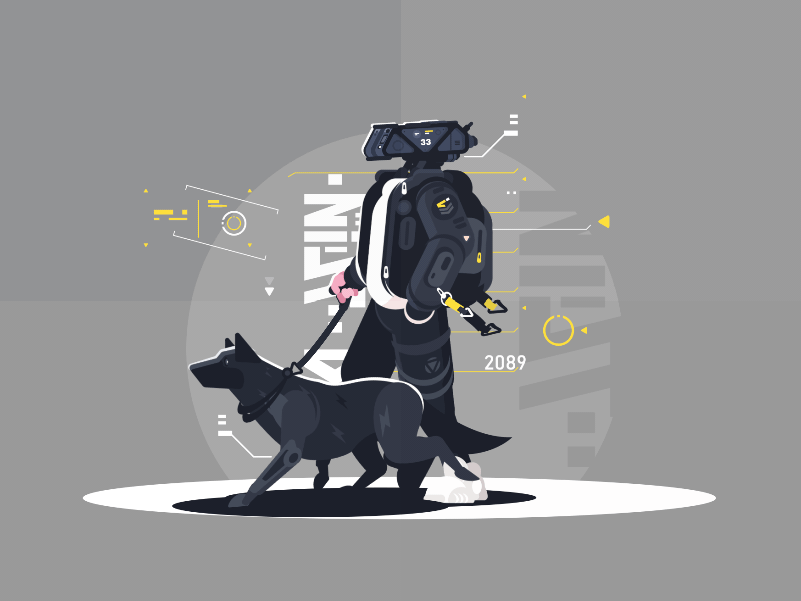 Drone dude walking with dog Animation animation characterdesign cyber cyberpunk design dog hud illustration joystick joystick n sliders motion motion design motiondesign robot vector