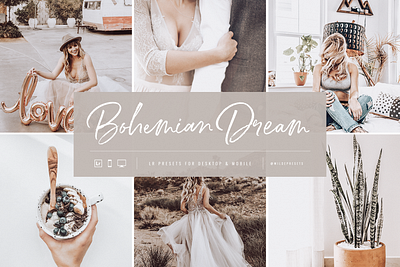 Bohemian Dream Lightroom Presets by Wilde Presets bohemian boho branding design dreamy editorial editorial presets ethereal fashion fashion presets font lightroom preset logo magic mobile presets presets script font styled typography art wedding