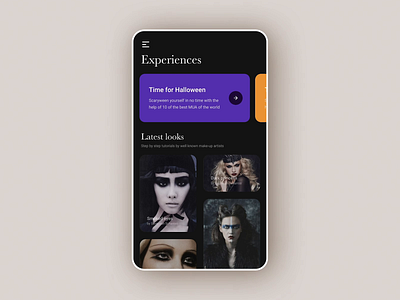 AR make-up app (Halloween themed) animation app ar artificial intelligence artificial reality darktheme halloween interface look make up mobile photography purple savannah scharroo selfie transition ui ux