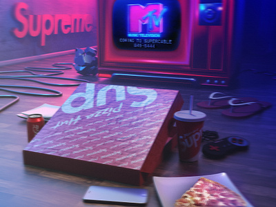 Supreme x Pizza Hut 3d 3d art 3d artist 3ddesign 3dscene 80s brand branding collab collaboration design fashion food illustration mtv pizzahut supreme synthvave vapor vaporwave