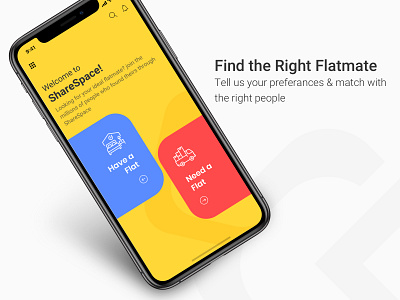 ShareSpace app icon blue design flatmate fun mobile app design protopie social ui ux welcome screen yellow zayeem
