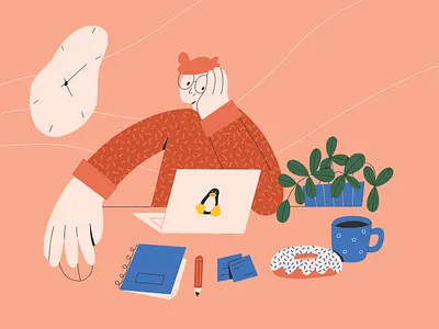 Lunch time art character color design desk doughnut drawing freelance illustration lunch man office penguin procreate routine work workspace