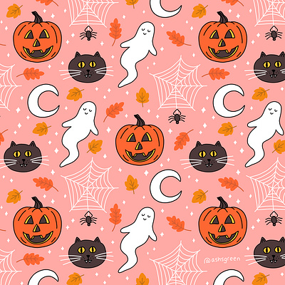 Happy Halloween background cat cute digital drawing free download ghost halloween halloween design illustration jack o lantern leaves moon orange pattern pink pumpkin spider web spooky wallpaper