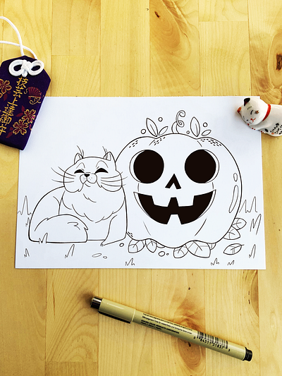 Happy Halloween! art cat clean drawing grass halloween illustration ink inktober inktober2019 leaves lineart october pen pumpkin traditional