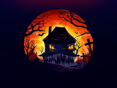 Halloween bat cemetery cross dribbbleweeklywarmup grave grin halloween horror house illustration landscape monster nature negative night proart prokopenko radiance tree trend