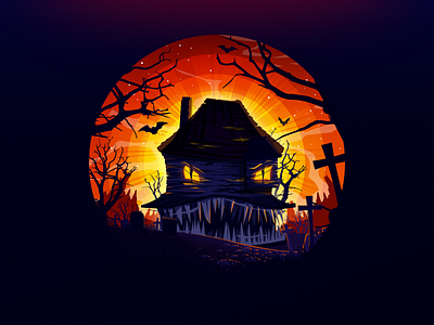 Halloween bat cemetery cross dribbbleweeklywarmup grave grin halloween horror house illustration landscape monster nature negative night proart prokopenko radiance tree trend