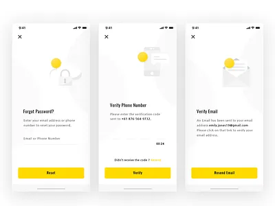 Registration Screens custom icons email icon forgot password icons illustrations lock icon mobile app mobile icon photoshop ui uidesign uiux verify email verify phone number yellow yellow theme