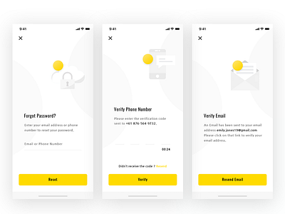 Registration Screens custom icons email icon forgot password icons illustrations lock icon mobile app mobile icon photoshop ui uidesign uiux verify email verify phone number yellow yellow theme