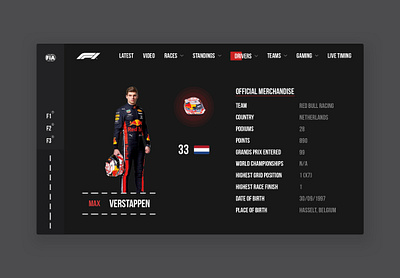 Red Bull Racing Formula One - Max Verstappen cleandesign dark design design art formulaone maxverstappen racing redbull redbullracing ui ux uxui web web design webdesign