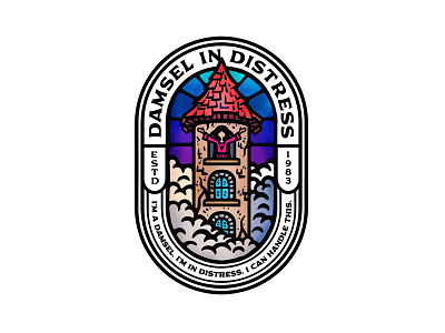 Damsel In Distress badge branding clouds damsel dusan klepic fairytale fortress help lady stained glass sticker tower vintage woman