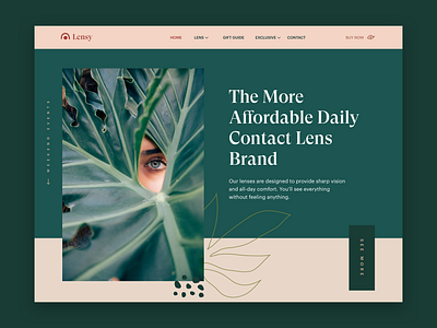 Lenses Store • Home Page 🌿👁 beige clean ecommerce eye feminine girl green header hero home page landing page leaf lens lenses modern pattern serif store ui ux