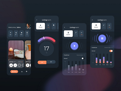 Smart Home Living Room Control Mobile UI app clean climate dark mode equalizer kit lifestyle mobile modern setting sketch smart home speaker ui ux