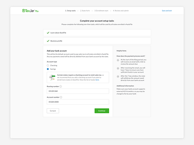 AutoFile Setup Flow banking dashboard enrollment platform saas setup stepper taxjar