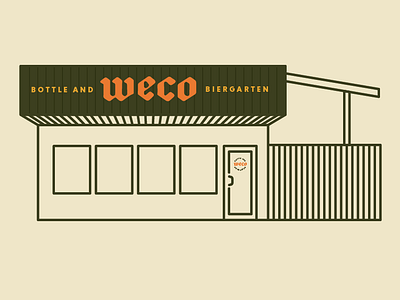 WECO Bottle & Biergarten Building Illustration bar beer beer branding beer garden biergarten blackletter building green illustration monoline orange signage weco