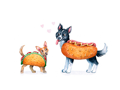 Foodie halloween animal dog dog illustration draw drawing halloween halloween party hotdog illustration pet pets puppy taco watercolor watercolor art