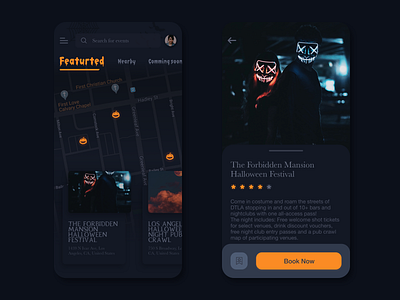 Halloween Event | Dribbble weekly warm-up app dailyui dribbbleweeklywarmup event festival ghost halloween halloween carnival halloween design halloween party interaction pumpkin spooky ui ux