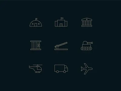 Iconography airplane buildings government helicopter icon iconography icons iconset illustration jail lineart military point of entry prison tank transportation truck