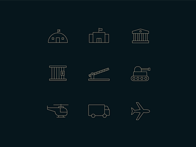 Iconography airplane buildings government helicopter icon iconography icons iconset illustration jail lineart military point of entry prison tank transportation truck