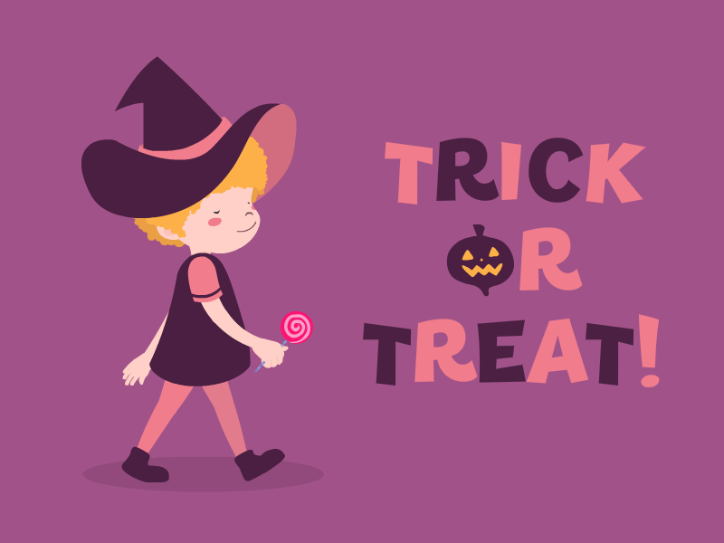 Trick or Treat! Happy Halloween, everyone! 2d 2danimation animation character animation cute illustration kidlitart motiongraphics trickortreat vector animation walkcycle witch